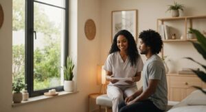 Holistic back pain treatment in a calming clinic environment with a therapist assisting a patient