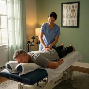 Chiropractor adjusting a patient's back in a soothing clinic environment